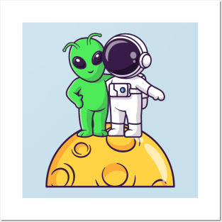 Cute Astronaut With Alien Standing On Moon Cartoon Posters and Art